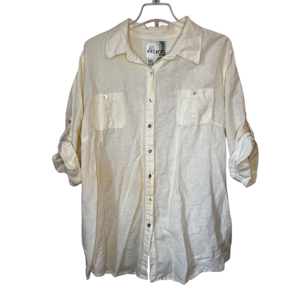 Avenue Pacific Shirt Butter Yellow Button Front Shirt Linen Blend Size 26/28